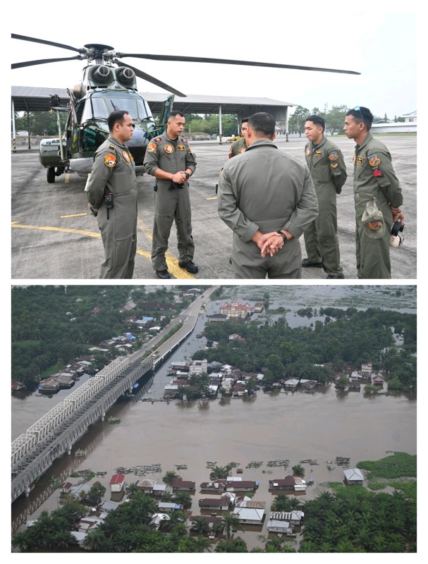 Helikopter TNI AU Patroli Udara Pantau Banjir di Pelalawan