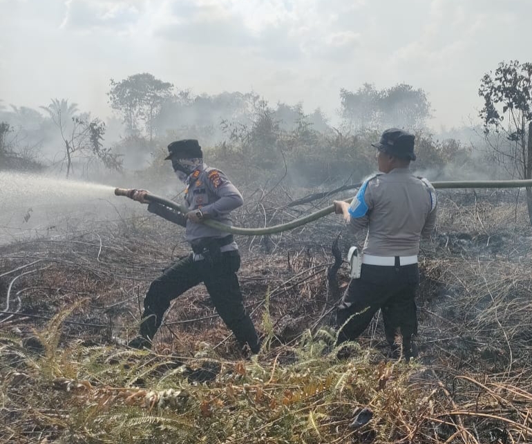 Polsek Pangkalan Kerinci dan BPBD Jinakkan Api Karhutla Sebelum Meluas